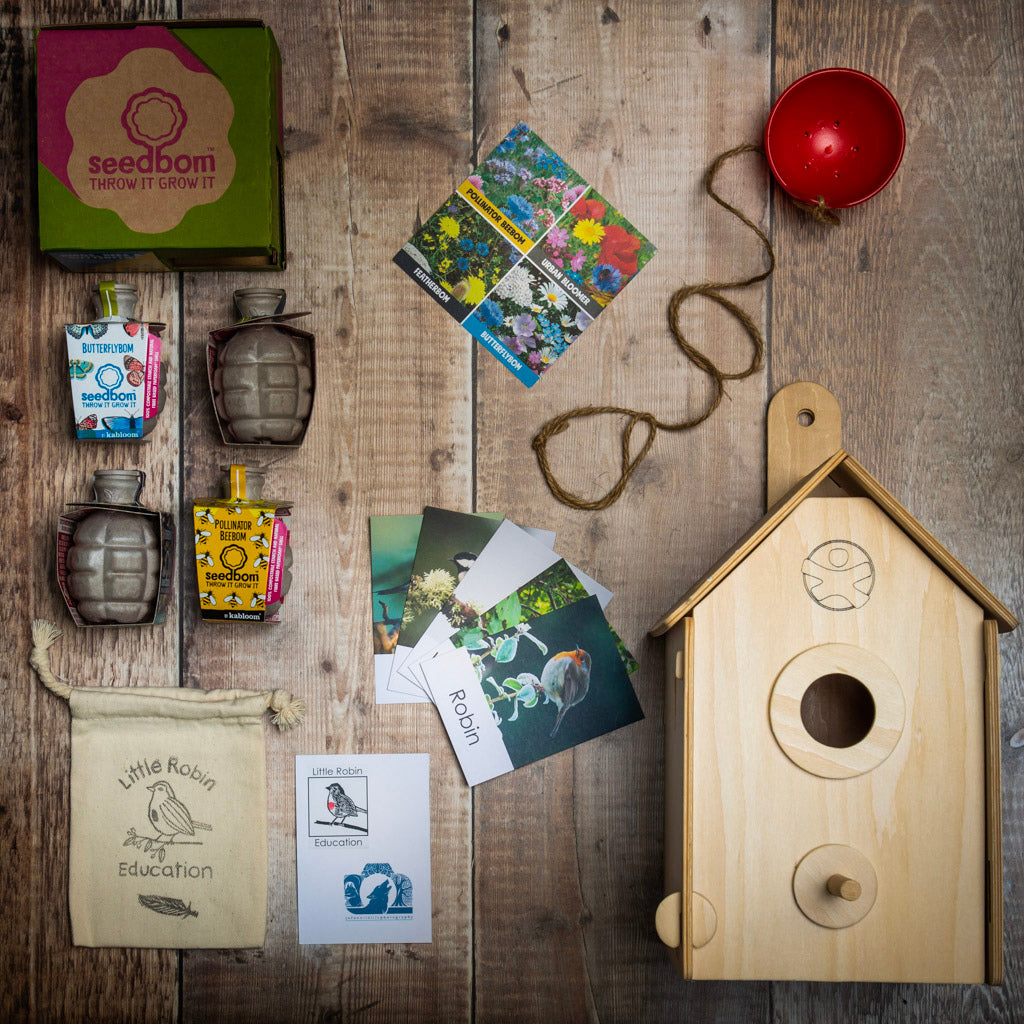 Layout of  of Birds Home-Builder gift set content including build your own nesting box, garden birds flashcards, birds bees and butterflies seedbom and bird feeder