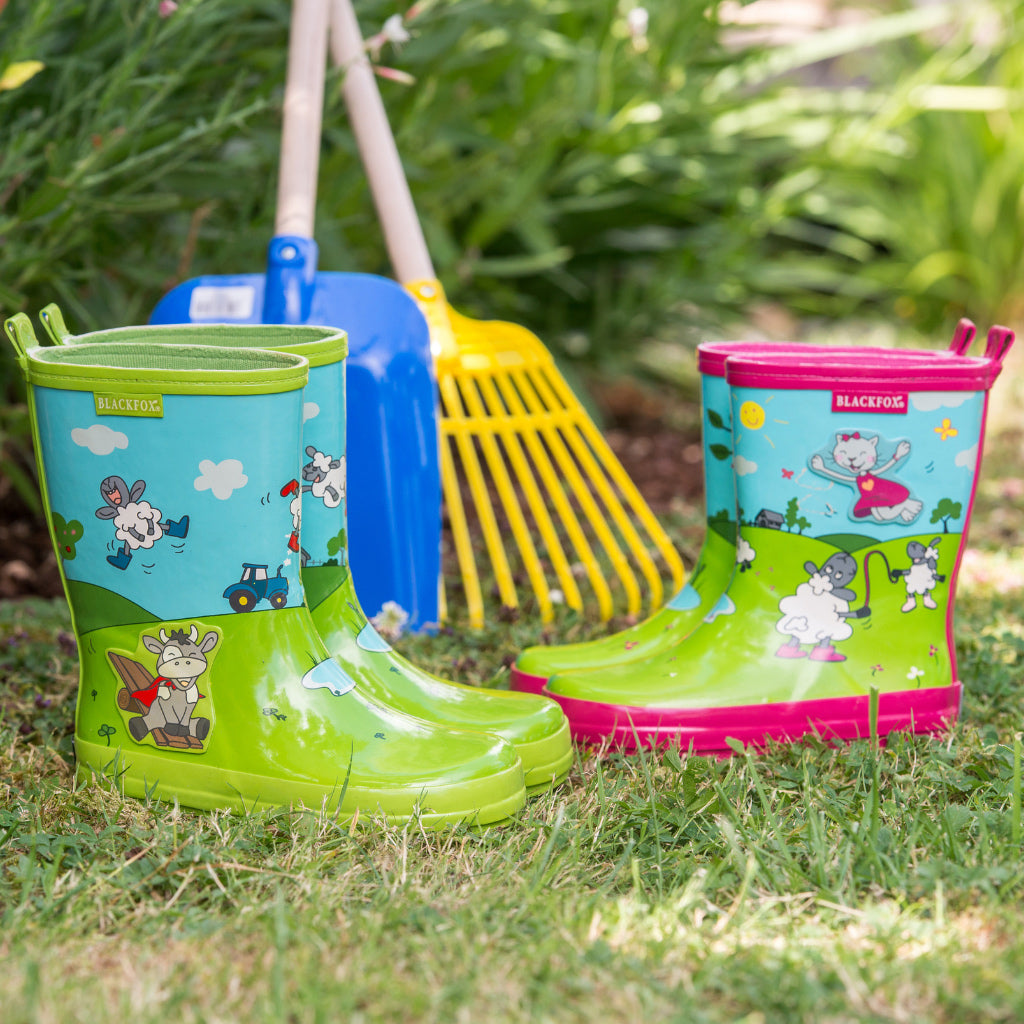 Green and pink Blackfox 'Country' kids wellies