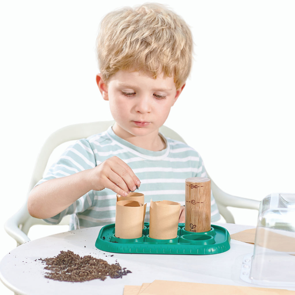 Boy sowing seeds in the miniature greenhouse kit for children