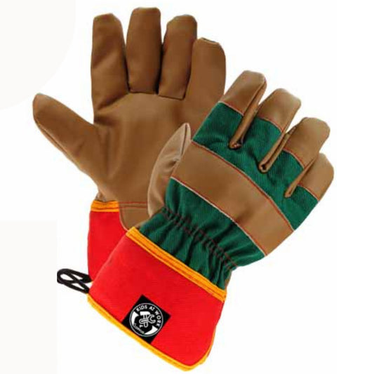 CORVUS children's rigger gardening gloves in green and brown with yellow and red cuffs