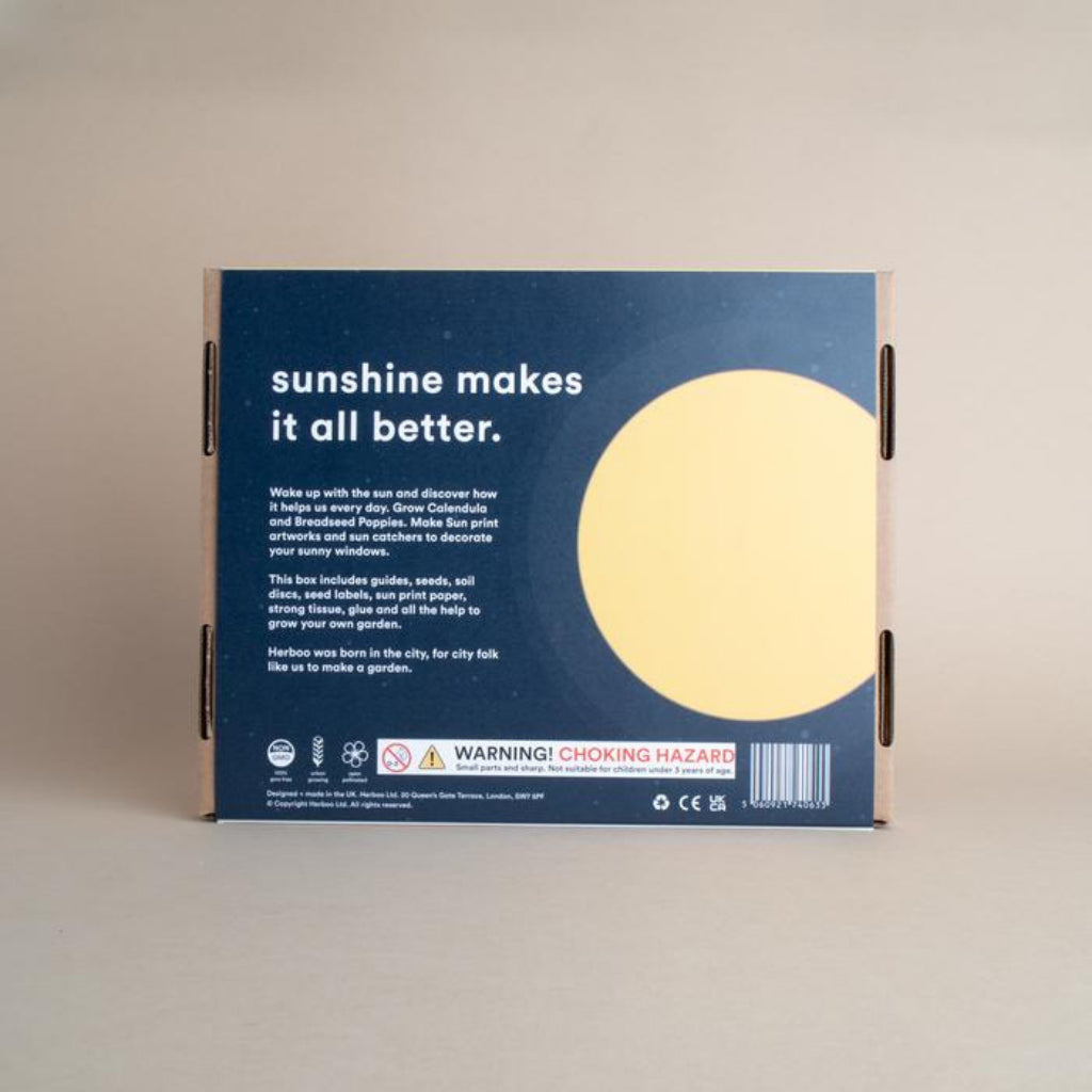 Back of packaging of Herboo Here Comes the Sun grow kit for children
