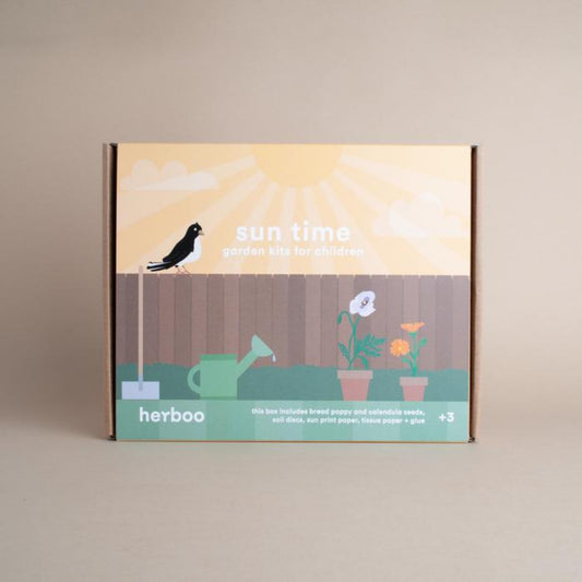 Front of packaging of Herboo Here Comes the Sun grow kit for children