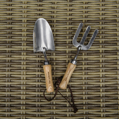Kent and Stowe Children Gardening Hand Tools Set in Steel and Ash on wicker background