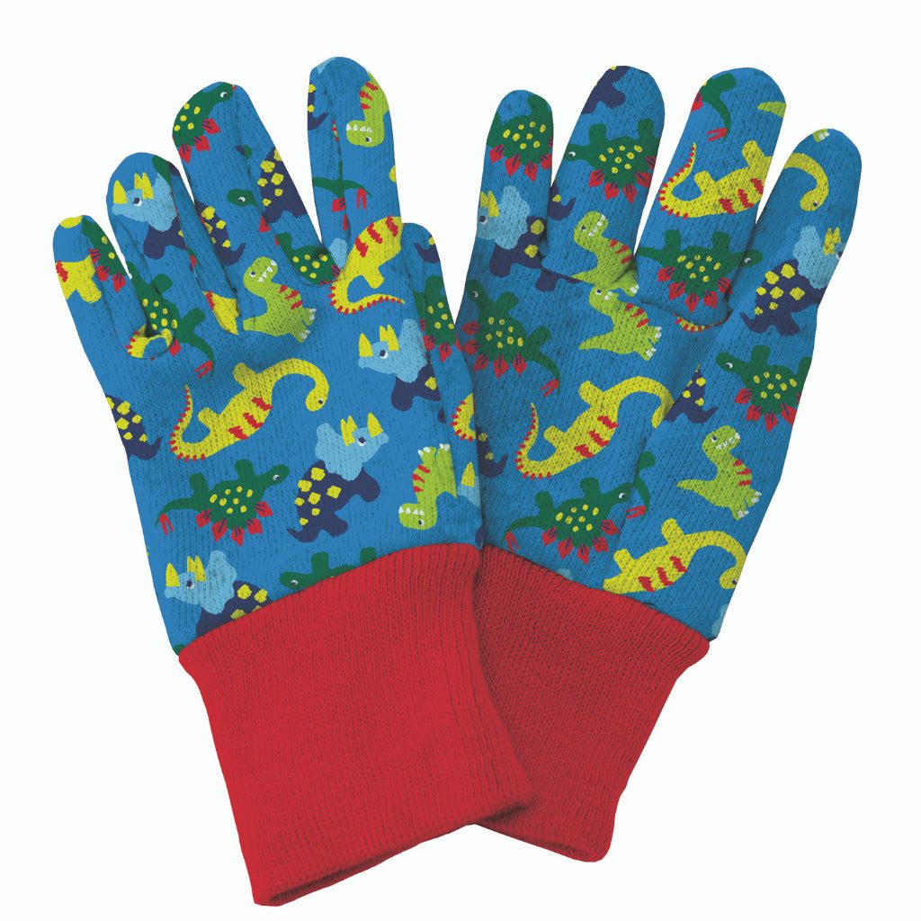 Kent and Stowe kids gardening gloves with dinosaur design in blue and red