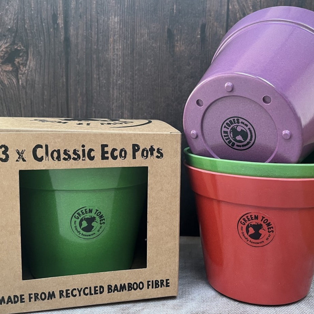 Green Tones Large Round eco-pots for kids set of 3 in red, purple and green