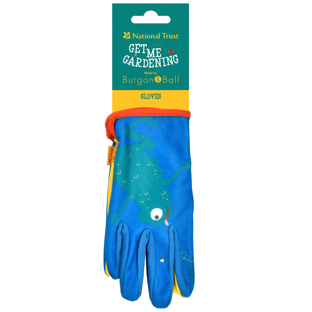 National Trust blue and yellow kids gardening gloves with frog from Burgon & Ball with label