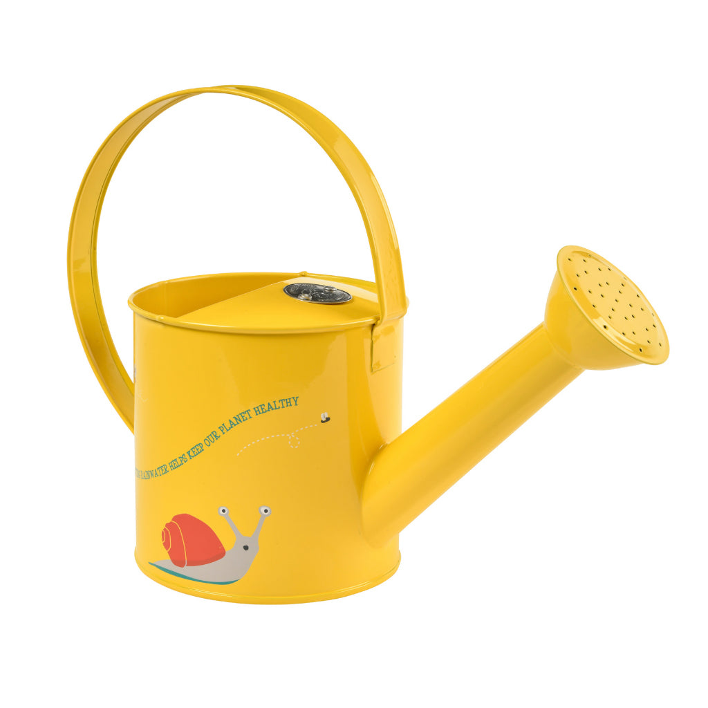 Back of National Trust yellow kids watering can with leaping frog