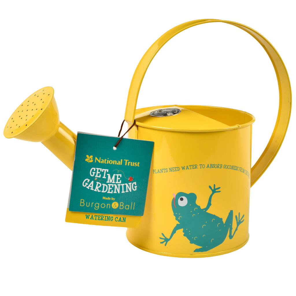 Front of National Trust yellow kids watering can with leaping frog