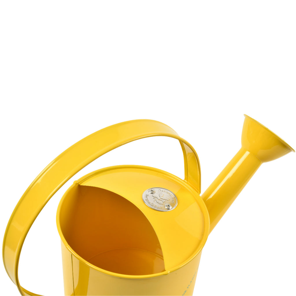 Top detail of National Trust yellow kids watering can with leaping frog