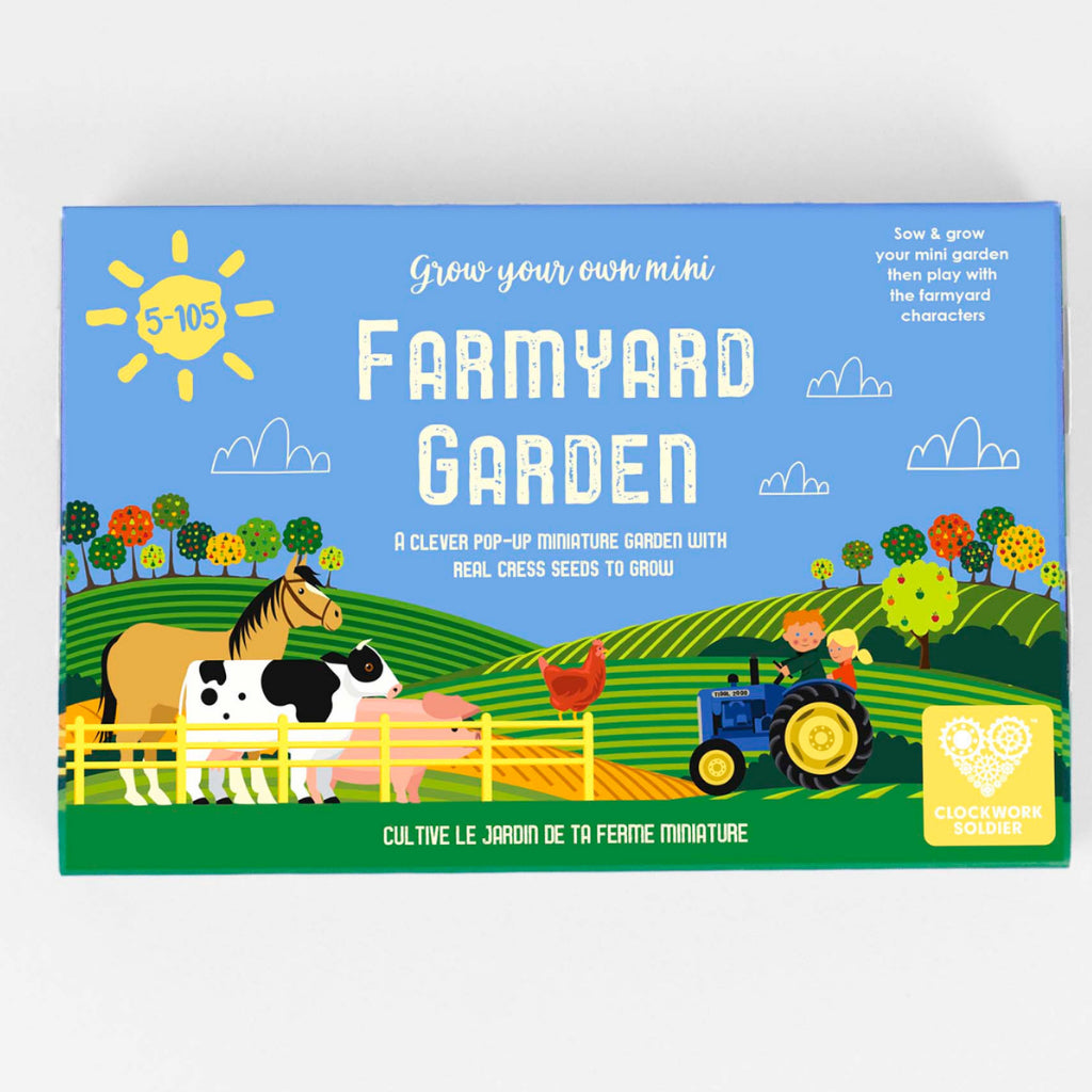 Outer packaging of grow your onw mini farmyard cress garden for children