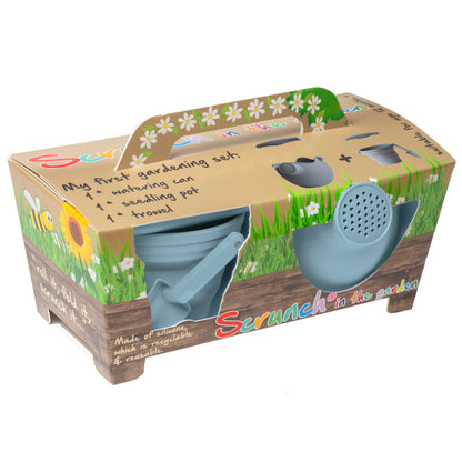 Scrunch gardening set with seedling watering can for young children in Duck Egg Blue