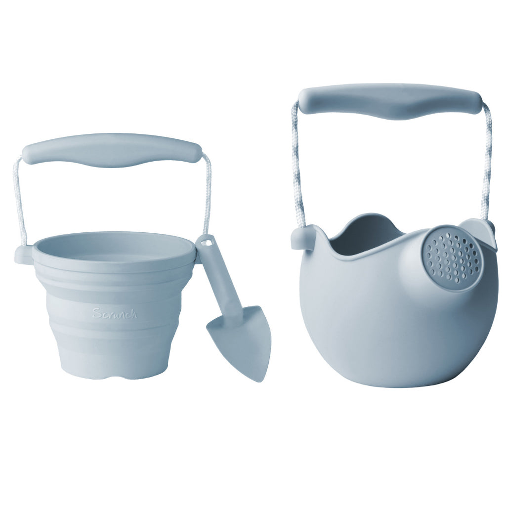 Scrunch watering can seedling pot and trowel in Duck Egg Blue