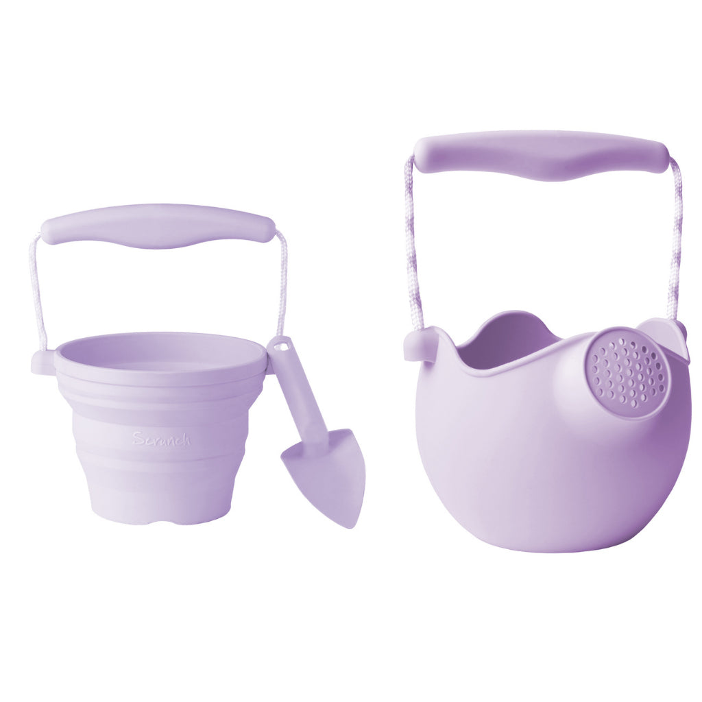 Scrunch watering can seedling pot and trowel in Pale Lavender